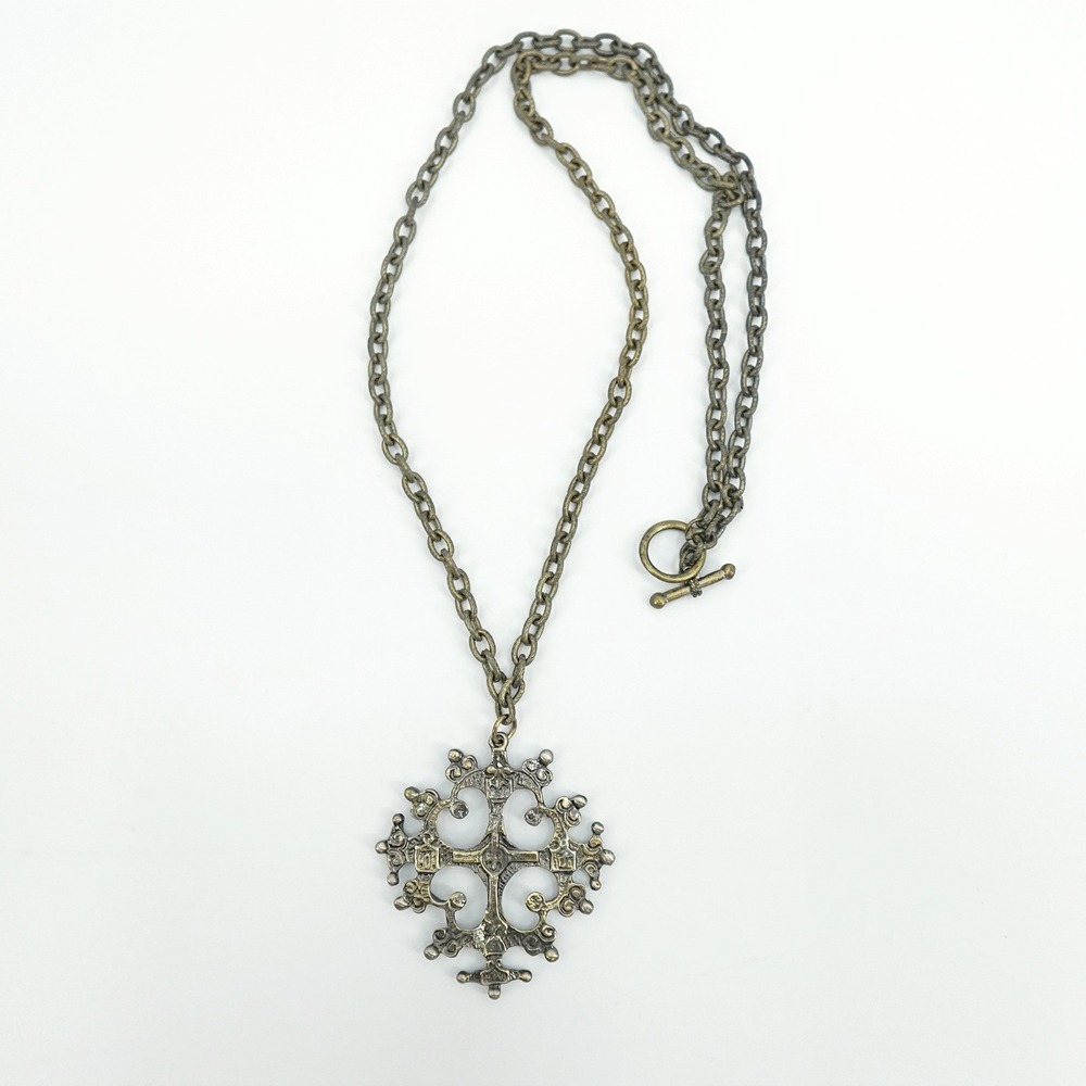 VTG Ethiopian Coptic Cross Necklace Bronze Tone Toggle Clasp 2" Pendant Ornate - Picture 2 of 8